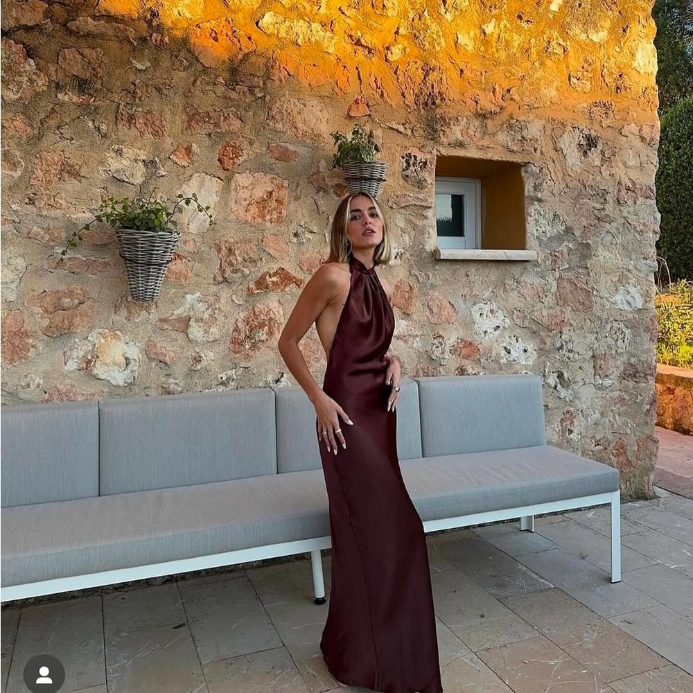 Zara dress brown maxi halter satin lingerie open back  bodycon fitted wedding